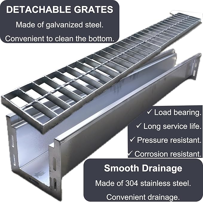 304 Stainless Steel Channel Drain with Galvanized Steel Grate 39.4x5.9x5.5 in, B-Class 28100 lbs Heavy-Duty Drain Kit for 3" Pipe, Trench Drainage System for Outdoor, Driveway, Garage, Yard