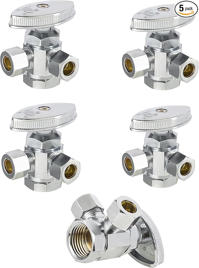 (Pack of 5) EFIELD Dual Compression Outlet Multi-Turn Angle Stop Valves,1/2" Fip Iron Pipe x (3/8 inch x 3/8 inch),Chrome Plated Brass (5),(VALVE189-5PCS)