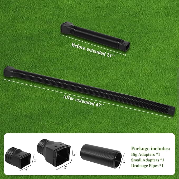 2 Pack Flexible Gutter Downspout Extensions Extendable from 21" to 67", Downspout Extender Comes with Adapters, Thickened Down spout Drain Extension for Rainwater Drainage(Black)