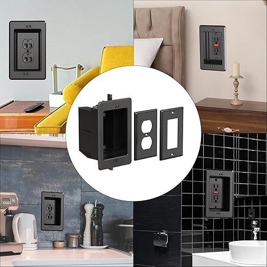 Recessed Outlet/Electrical Box Single Gang, for Wall Mount TV, Antenna, Phone and Cable TV, Suitable for GFCI Outlet and Standard Outlet, for Old or New Construction (Black)