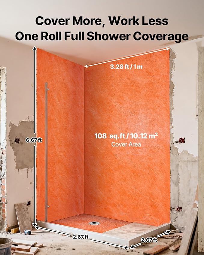 VEVOR Waterproof Membrane for Shower, 3.3 x 33 ft 108 sq.ft Waterproofing Tile Membrane, 20 mil Thickness Polyethylene Fabric Roll, Easy to Cut for Bathroom, Kitchen, Sauna, Walls, Underlayment