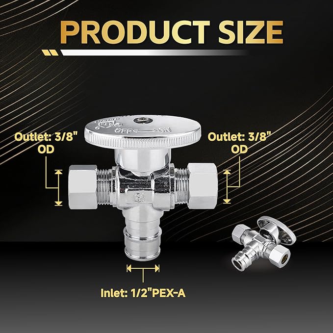 40-Pack Foskan Dual Outlet Angle Stop Valve,1/4 Turn Shut off Valve,1/2" PEX-A x 3/8" OD x 3/8" OD,Chrome Plated Brass