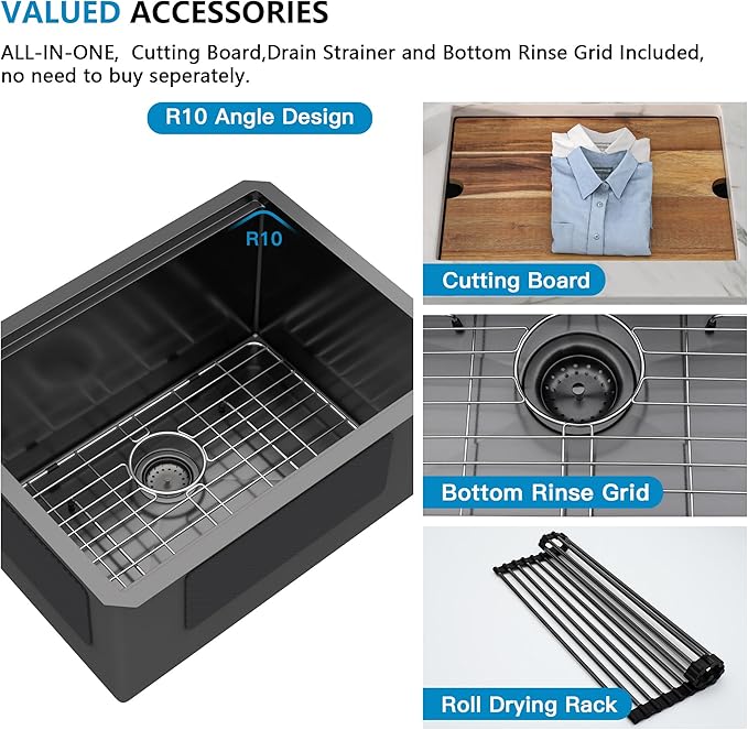 24"x18" Undermount Laundry Utility Sink Workstation – Gunmetal Black NANO-PVD, 16 Gauge 304 Stainless Steel, 12 Inch Deep Single Bowl Sink Basin for Laundry Room, RV or Utility Use