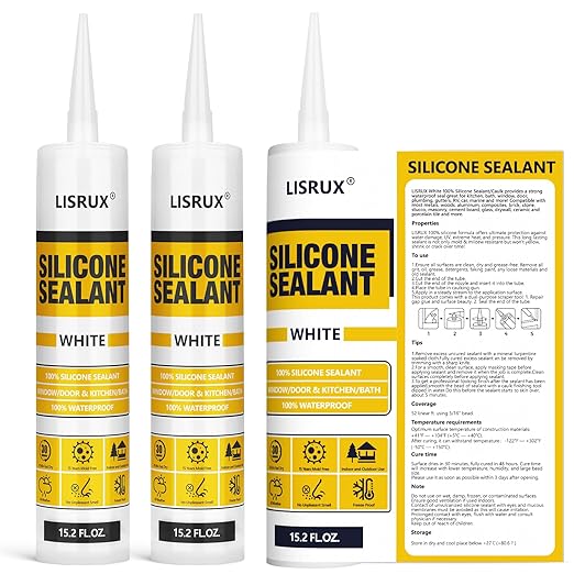 White Advanced Silicone Caulk, 100% Waterproof Silicone Sealant Indoor Outdoor Caulking for Window, Door, RV, Roof, Auto & Marine, Kitchen, Bathroom, Glass,15.2 oz（12-Pack） No Odor