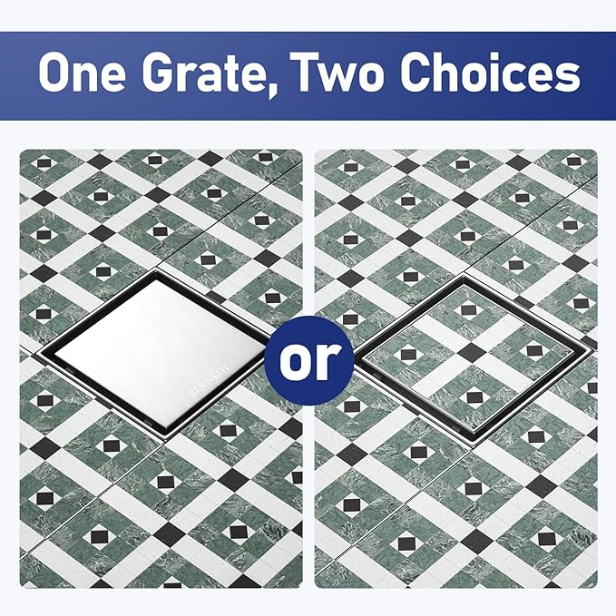 Square Shower Drain 6" with 2" PVC Flange Base, 304 Stainless Steel Tile in Floor Drain w/Tiled Insert Grate & Hair Catcher, CUPC Certified(Brushed, 6'')