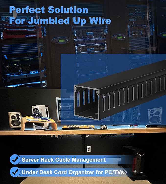 ZhiYo 2x2inCable Raceway, 6.6ft (2xL3.3ft) Server Rack Cable Management Under Desk Cord Organizer, Electrical Safe PVC Cable Channel Open Slot Wire Raceway for Network/PC/TVs, Wire Duct Black