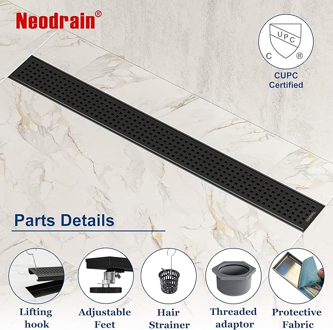 Neodrain 18-Inch Black Linear Shower Drain with Removable Quadrato Pattern Grate,Professional 304 Stainless Steel Rectangle Shower Floor Drain Manufacturer,Leveling Feet,Hair Strainer,Matte Black