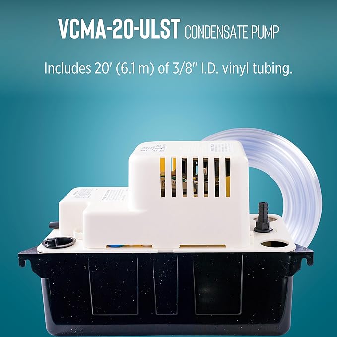 Little Giant VCMA-20ULST 115 Volt, 80 GPH, 1/30 HP Automatic Condensate Removal Pump for HVAC/Refrigeration Systems/Dehumidifiers with Overflow Detection Switch and 20-Foot Tubing, White/Black, 554435