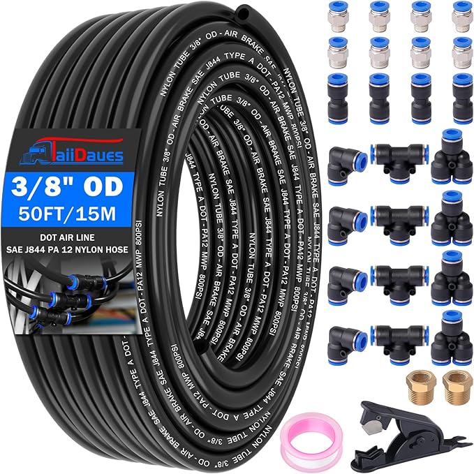 Air Line Tubing Kit, 3/8" OD DOT Air Line 50 FT(15 m) SAE j844 PA Nylon Air Hose Tubing and Push to Connect Fittings for Air Brake System Or Fluid Transfer, 29 Pcs Compressed Accessories Kit