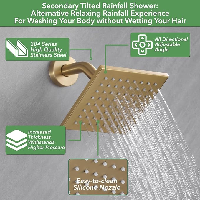 VANFOXLE Shower Faucet Set Brushed Gold Shower System,Shower Faucet with 2 in 1 Handheld,Ceiling Mount 16 Inch LED Shower Head+6 Inch Shower Head(Rough-in Valve Body and Trim)