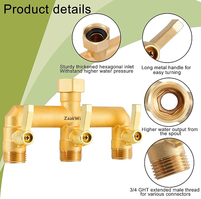 Full - Flow Brass Hose Faucet Adapter, Heavy Duty 3 - Way Garden Hose Splitter, High - Flow and Extended Metal Handle 3/4” Hose Manifold, Rust and Freeze Resistant Outdoor Faucet Switcher