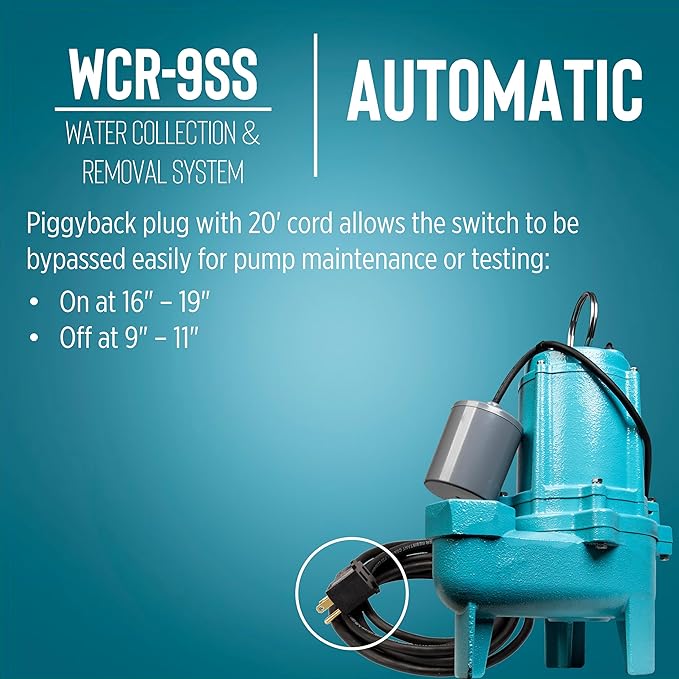 Little Giant WCR-9SS 115 Volt, 4/10 HP, 4800 GPH Automatic Outdoor Water/Seepage Collection and Removal System with Sewage Pump, 20' Piggyback Float Switch, Steel Cover, Green/Blue, 509082