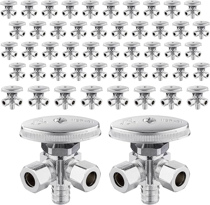 (Pack of 50) Seelink Multi-Turn Dual Outlet Angle Stop Valve, 1/2" Pex Crimp F1807 Pipe Inlet x (3/8 inch x 3/8 inch) Compression Outlets, Chrome Plated Brass