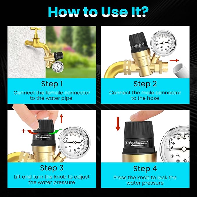 Water Pressure Regulator for RV and Garden Lead-Free Brass Adjustable Water Pressure with 0-160 PSI Silicone Oil Gauge and Screen Filter Use in Camper, Trailer, RV Plumbing System