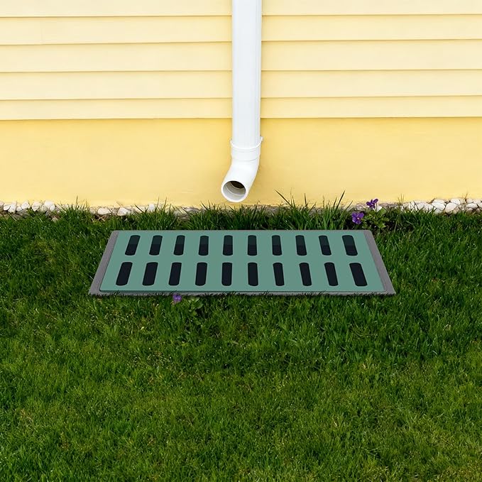 Drainage Catch Basin Kit - 22-Gal Catch Basin with Grate and Debris Basket, Composite Resin Yard Drain for Lawn, Downspout, and Driveway, Easy-Install Drain Box, 25.5 X 17.7 X 23.6in (Black Green)