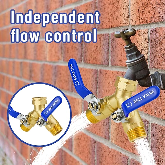 Brass Hose Splitter 2 Way Heavy Duty GHT 3/4 Garden Hose Y Splitter with Shut off Valves, Full Flow Hose Bib Splitters Dual Hose Diverter Connector for Outdoor Faucet/Water Spigot