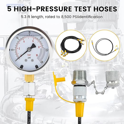 Hydraulic Pressure Test Kit, 5 Gauges, 16 Couplings incl. 3 Extra NPT (3/8", 1/2", 3/4"), 14 Tee Connectors, 5 Hoses, for Excavators, Loaders, Tractors, Forklifts, Construction & Mining