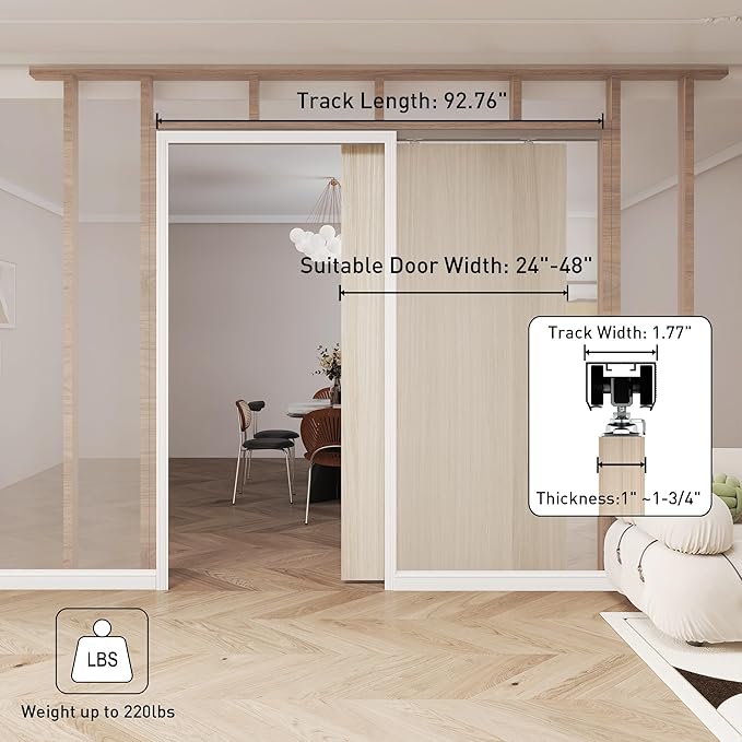 JUBEST 8FT Pocket Door Kit, Commercial Grade Sliding Pocket Door Hardware Kit, Aluminum Box Track 92.75", for Door 24"~48" Wide, Black Pocket Door Hardware,Easy to Install