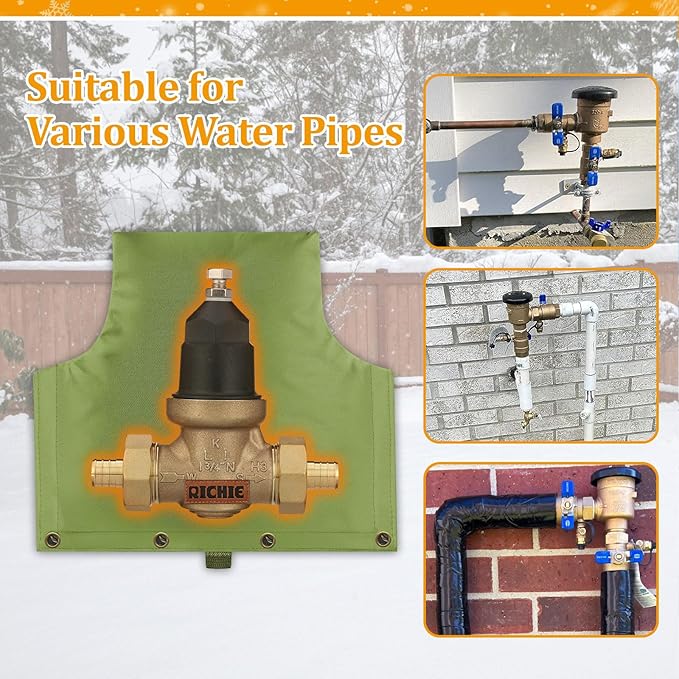 Backflow Preventer Insulated Cover (5°F) for Winter Freeze Protection, 14"W x 13"H Thickened Pressure Reducing Value & Well Pump Cover, Outdoor Waterproof Insulation Pouch for Sprinkler Valve, Green