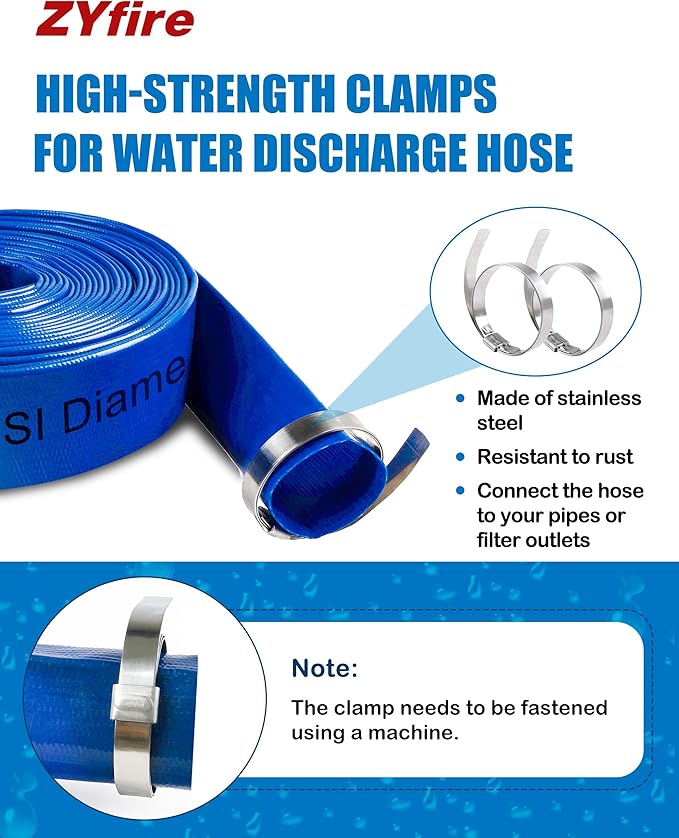 ZYfire Pool Backwash Hose with 2 Clamps - 1-1/2" x 50 FT PVC Lay Flat Discharge Hose Heavy Duty Reinforced Pool Hose Weather and Burst Resistant for Pool Drain, Sump Pump, Pool Filter