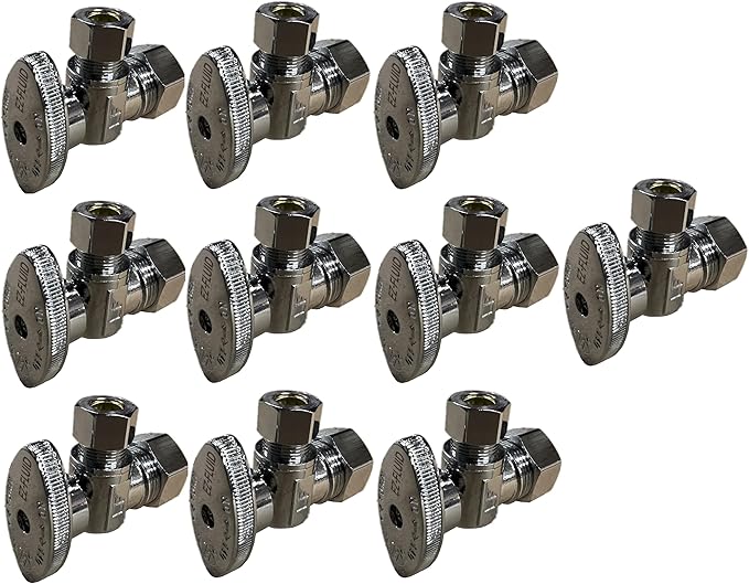 (10 Pack) EZ-Fluid 1/2" Nom. (5/8" OD) × 3/8" OD Compression Angle Stop Valve Chrome Brass, 1/4 Turn Water Shut-Off Valve for for Sink, Bathroom, Kitchen, Laundry Plumbing