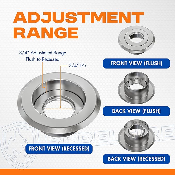 Retrofit Recessed Fire Sprinkler Escutcheon 3/4 in. IPS - Split 3 Piece in Chrome Plated - Depth Adjustment Range up to 3/4 in. for Fire Sprinkler Trim