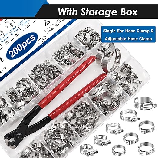 200Pcs 19 Sizes 304 Stainless Steel Single Ear Hose Clamp with Ear Clamp Pincer 5.3-33.1mm & Adjustable 1/4Inch - 2Inch(6-51mm) Hose Clamp Assortment Kit for Automotive, Plumbing, Fuel Line