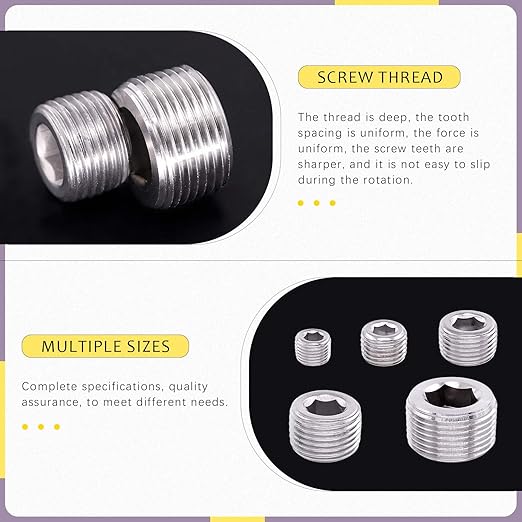 Swpeet 18Pcs 5 Sizes NPT Stainless Steel Pipe Fitting Assortment Kit, 1/8" 1/4" 3/8" 1/2" 3/4" NPT Plug Stainless Steel Internal Hex Thread Socket Pipe Plug Set for Use in Wet Environments