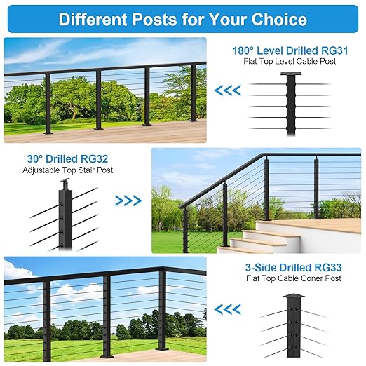 36" Cable Railing Post Kits, Flat Top Cable Post System Includes 3Pack Updated 35" Level Drilled Posts, 1/8" Black Wire Rope with Cutter, Swageless Cable Railing Tensioner System Kit, RG31