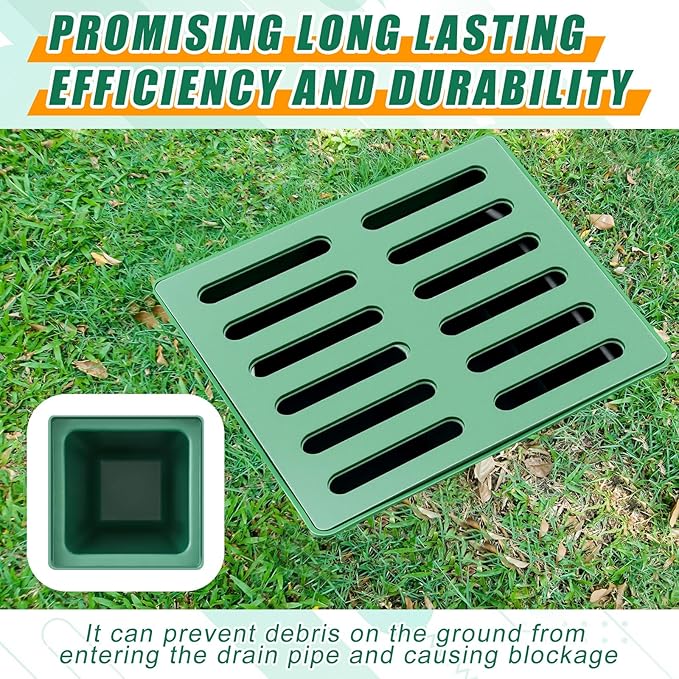 Catch Basin with Grate 15 x 15× 24 Inch Square Large Catch Basin for Drainage with Debris Basket French Drain Without Reserved Hole for Yard, Downspout, Lawn, Municipal Pipeline, Green