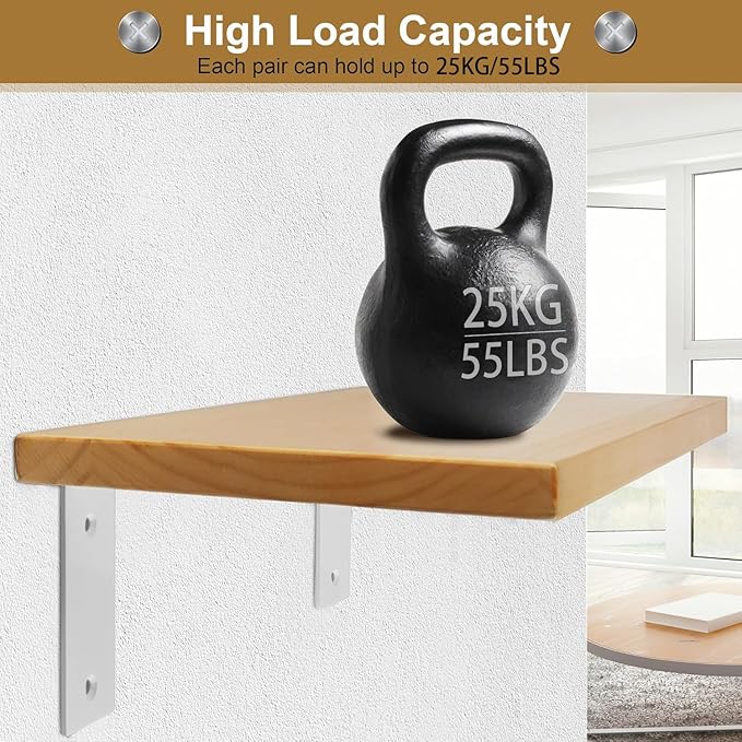 Alise Floating Shelf Brackets Heavy Duty L-Shaped Wall Brackets - White Angle Corner Braces for Shelves, Stainless Steel Reinforced Shelf Support Bracket for Wooden Boards 7x4.2 Inch,Pack of 4