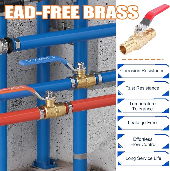 1/2-inch Pex A Ball Valve, Brass Full Port Water Shut Off Ball Valve for Hot and Cold Water (2-Pack), ASTM 1960, UPC Certified