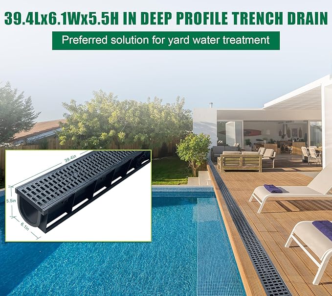 Deep Profile HDPE Trench Drain-39.4Lx6.1Wx5.5H in. Channel Drain with Grates,3 Pack Total Length 118.11 in, Plastic Yard Drainage System for Outdoor,Downspout,Yard Fence,Pool,Sidewalk,Patio