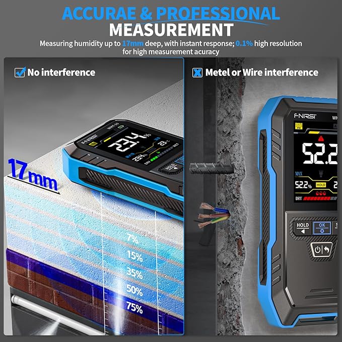 FNIRSI WMT-10 Pinless Wood Moisture Meter, Rechargable Moisture Meter for Wood, Wall, Firewood, Support Data Hold and Record, Flashlight, Humidity Detector for Lumber Concrete Building