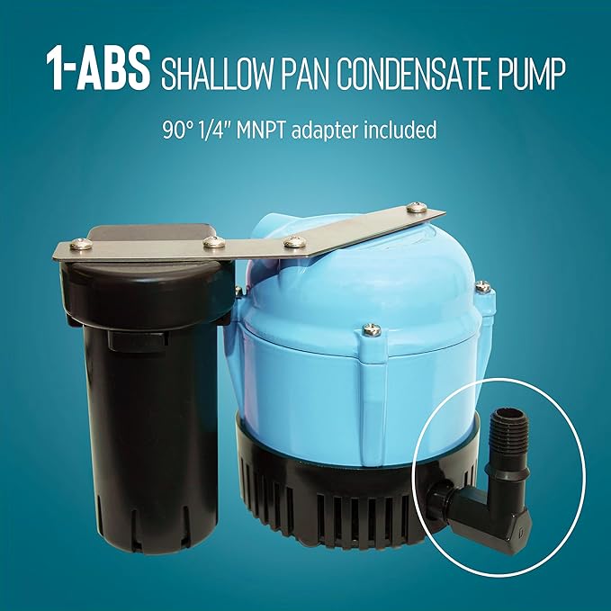 Little Giant 1-ABS 230-volt, 50/60 Hz, 1/150 HP, 205 GPH Automatic Shallow Pan Condensate Removal Pump for Ceiling Mounted Air Conditioners or Dehumidifiers, Black/Blue, 550532