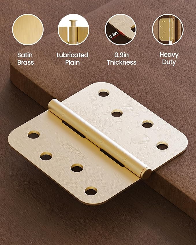 4" X 4" Satin Brass Door Hinges – 24 Pack Gold Door Hinges with 5/8" Radius, Rounded Interior Heavy Duty 4 Inch Exterior & Front Door Hinge for Residential Use