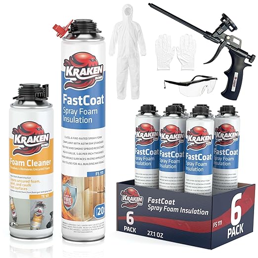 Kraken Bond Fastcoat Fire Rated Spray Foam Insulation (6x27.1 oz.) (R-Value 11.32 / 2in) Closed Cell Expanding Foam - Heat and Acoustic Insulation, Gun & Cleaner Includes, 120 Board Ft, 6 Pack