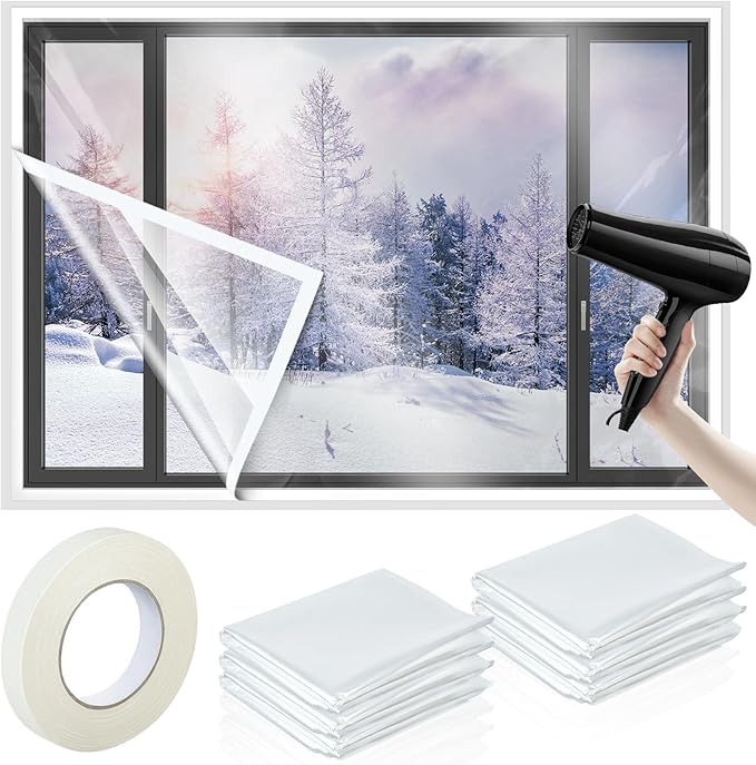 6 Pcs 47 x 63 Inch Window Insulation Kit - Cuttable Transparent Shrink Film With Double Side Tape for Patio Winterizing - Reusable Plastic for Thicken Warm Winter Windows