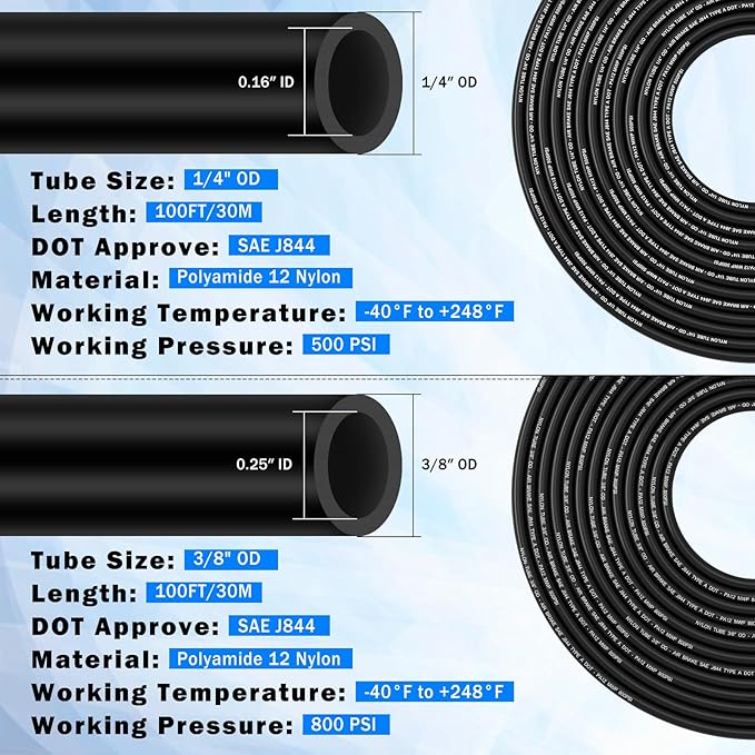 90 Pcs DOT Air Line with Quick Connect Air Fittings Kit 2 Roll 100FT 1/4" and 3/8" DOT Air Lines Kit with 88 Pcs Push Lock Air Line Fittings Pneumatic Push to Connect Air Hose Fitting