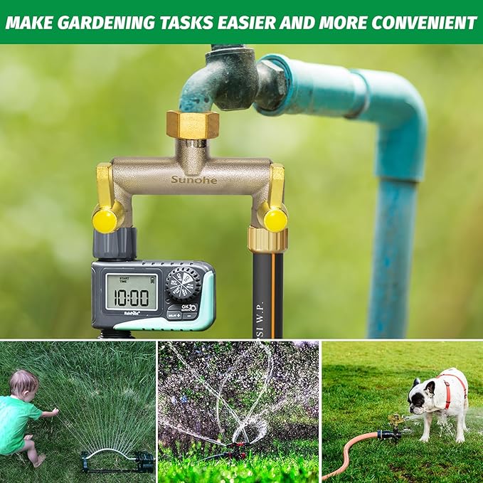 Garden Hose Splitter, Water Hose Splitter 2 Way Heavy Duty Brass Nickel Plated, Extended Metal Handle 3/4-Inch Hose Manifold, Rust and Freeze Resistant High Flow Outdoor Faucet Splitter