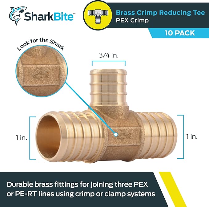 SharkBite 1 Inch x 1 Inch x 3/4 Inch Crimp Reducing Tee, Pack of 10, Brass Plumbing Fitting, PEX Pipe, PE-RT, UC416LF