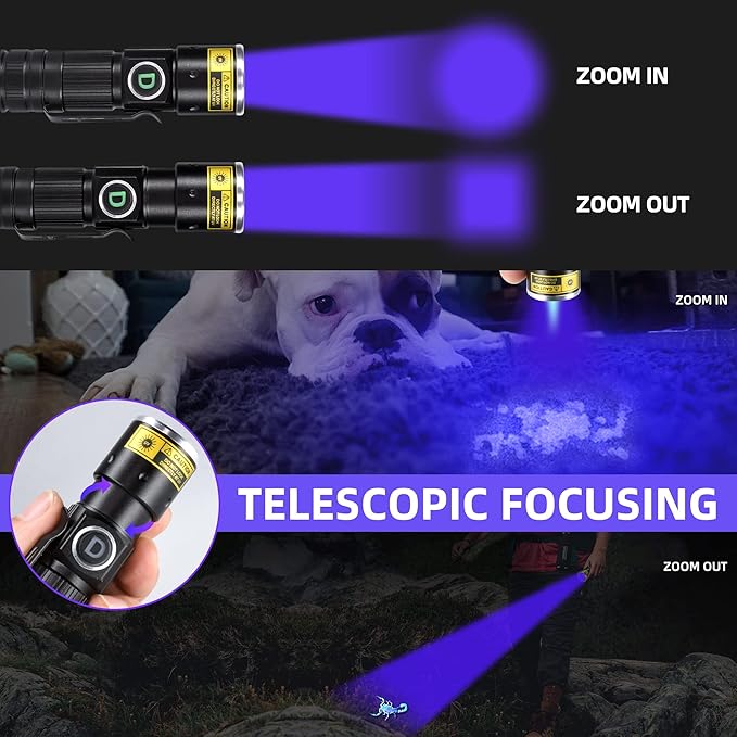 DARKDAWN UV 365nm Black Lights Flashlights USB Rechargeable, Wood's Lamp Ultraviolet LED Portable Mini, Blacklight for cat Urine Detection Dry Stains, Uranium Glass, Leak Detection, D15 365 nm 2 Pack
