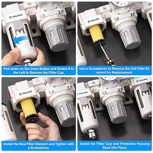 TAILONZ PNEUMATIC 1/2 Inch NPT Manual Drainage 3 in 1 Oil Air Pressure Regulator Filter AC4000-04（0-150PSI） with Lubricator Cup for Air Tools System
