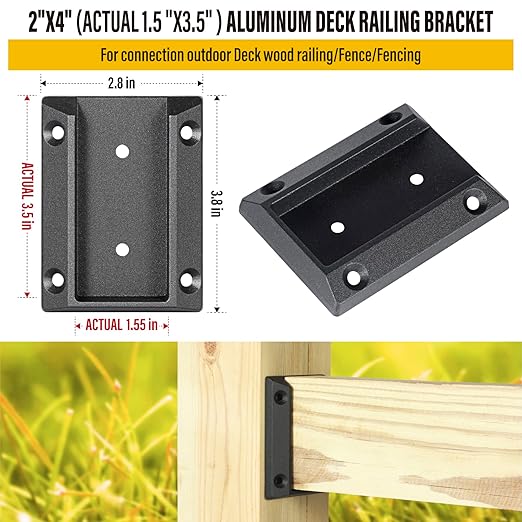 4pcs ADC-12 Aluminum Deck Railing Bracket, Deck Railing Connectors for 2"x4" (Actually 1.5"x3.5") Wooden Deck Railing Post to Handrail Connection (Black)