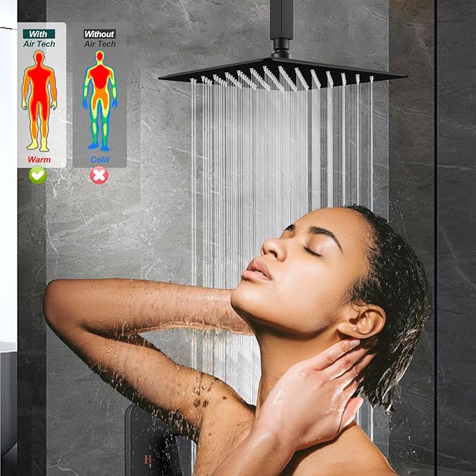 Heyalan Shower Faucet Set Square Stainless Steel Bathroom Rainfall Shower System One Handle Single Function Shower Trim Kit with Rough-in Valve Male Thread,Ceiling Mount,10 Inch,Matte Black