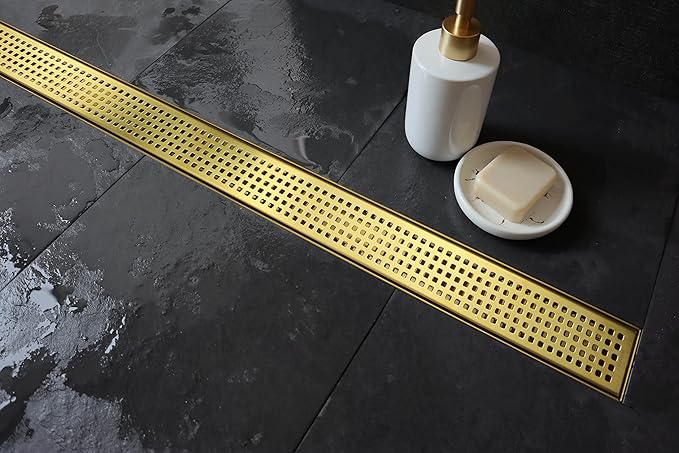 Linear Shower Drain 42", 304 Stainless Steel Floor Drain with Grid Drain Cover & Hair Strainer, Rectangular Shower Drain w/CUPC Certified, Brushed Gold