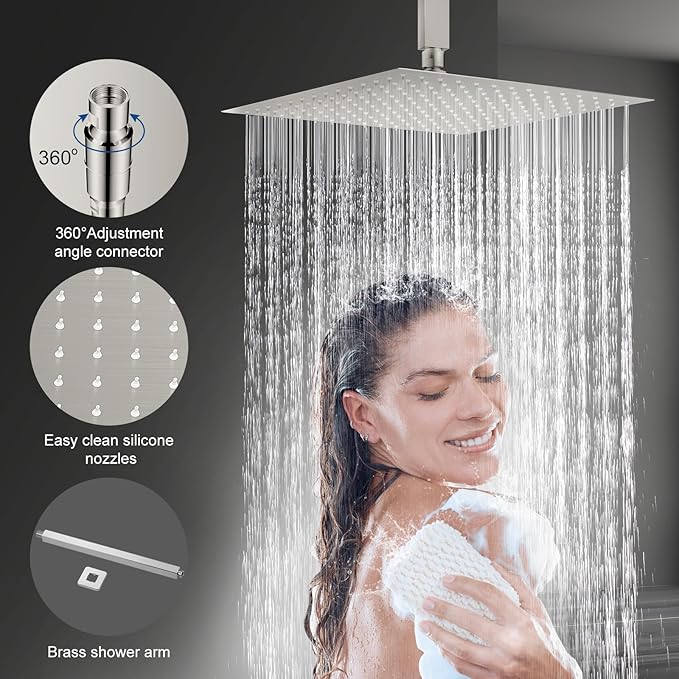 JOMEOO® 12 Inch Brushed Nickel Shower System, Ceiling Mounted High Pressure Rain Shower Head with Handheld Sprayer, Bathroom Luxury Rainfull Shower Head Shower Faucet Set Rough in Valve Body and Trim