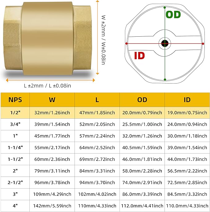 1/2" NPT Brass Vertical Check Valve, NPT Thread Vertical Lead-Free In-Line Spring Check Valve, Non Return One Way Counterflow Valve to Prevent the Medium Backflow for Oil Water Gas Air DN15