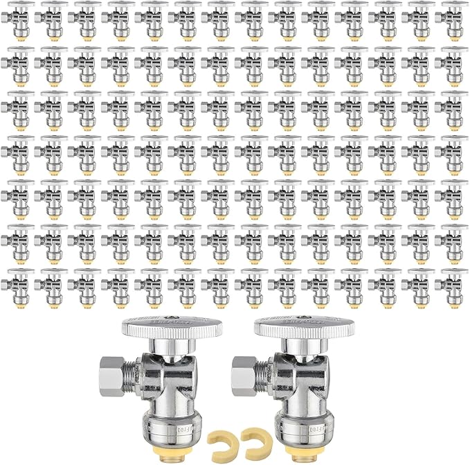 (Pack of 100) EFIELD Push Fit 1/4 Turn Angle Stop Valve Water Shut Off 1/2 Push x 3/8 Inch Compression Chrome with a Disconnect Clip,(PF-VALVE028-100PCS)
