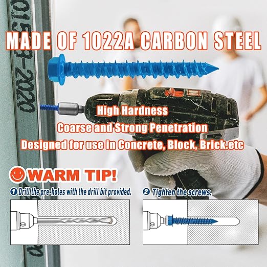 100Pcs 3/16" x1-3/4 Concrete Screws with Drill Bit, Hex Head Concrete Cement Screws Anchor Assortment Kit for Masonry, Block Brick or Stucco